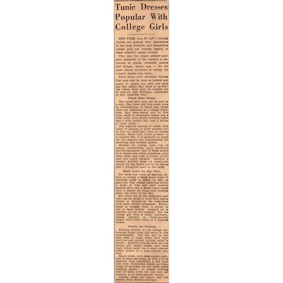 Tunic Dresses Popular With College Girls 1934 Philadelphia Clipping SAI5-2